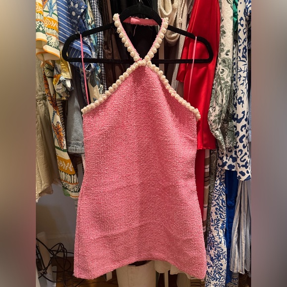 Hyacinth House Pink Tweed Halter Dress with Pearl Trim - Picture 3 of 6